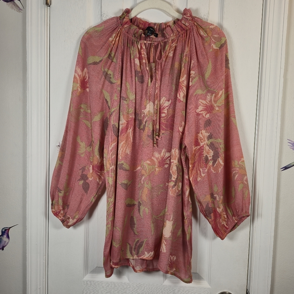 Harvé Benard Boho Floral Peasant Blouse Pink Tunic Top XL
